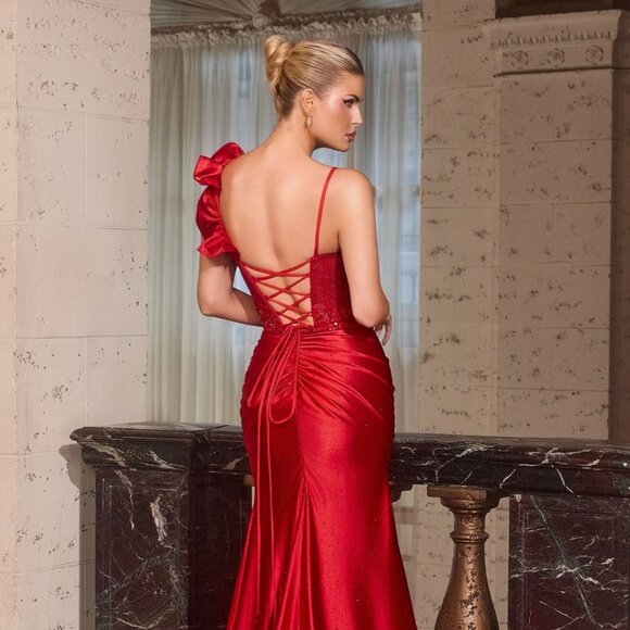 New Red Beads Embellished Evening Gown w/ Lace Bodice & Floral Accent CD CM386 - Picture 10 of 12